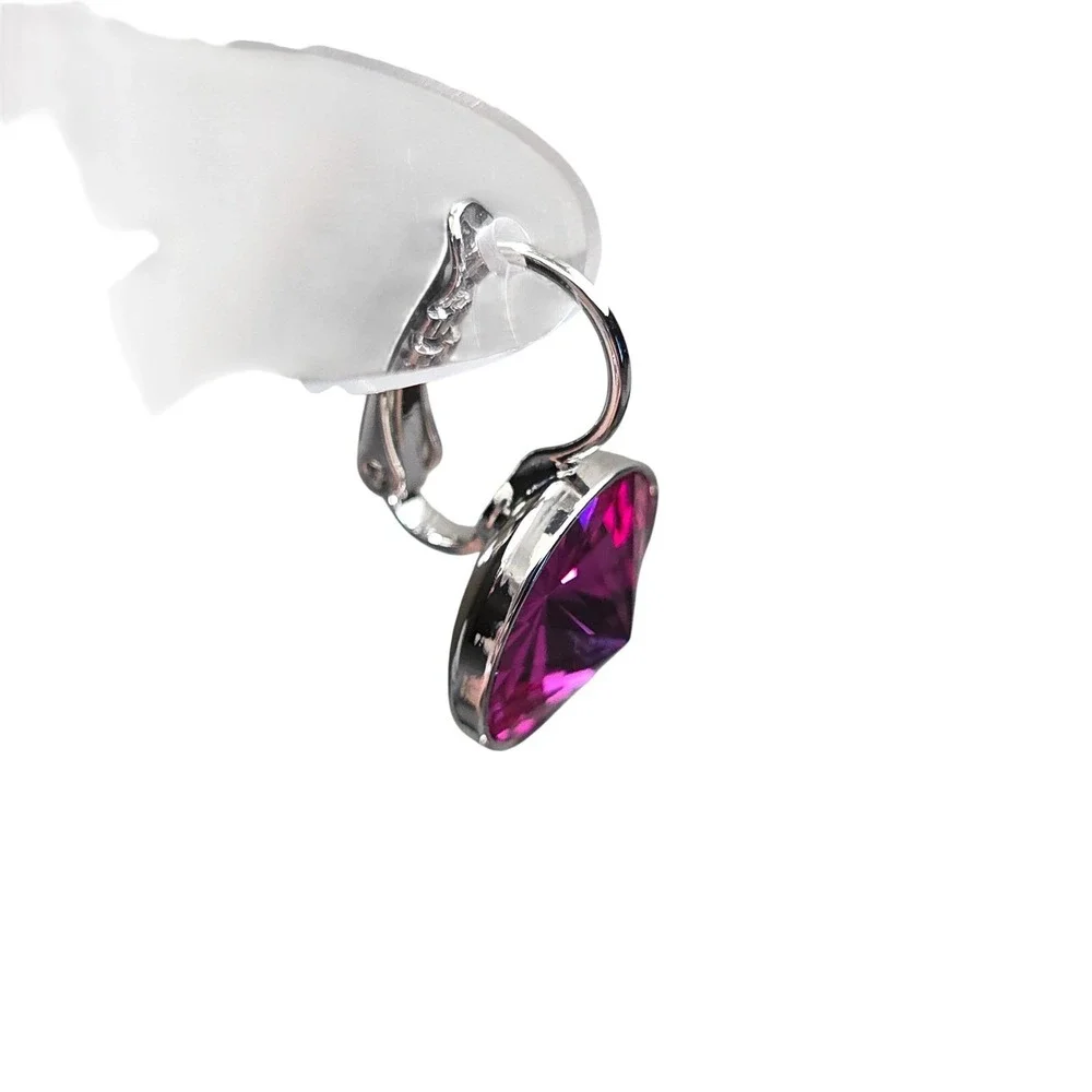 NWT FuchsiaPink Swarovski Elements 13mm Leverback Earrings PlatinumPlatedㅇ Shiny